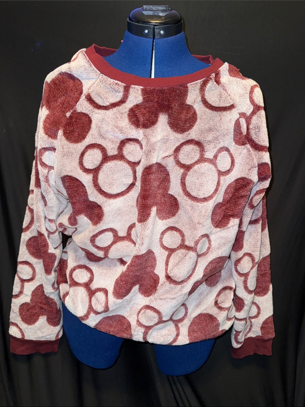 Cozy Plush Sweatshirt with Burgundy Mickey-Style Pattern TOP ONLY